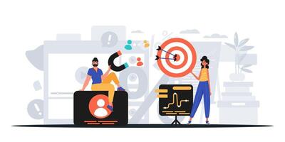 Two people are standing next to a target and a dartboard vector