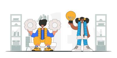 Elegant guy and girl generates ideas and solves problems. Light bulb and gears in their hands. Idea concept. trendy character. vector