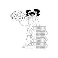 A linear graphic style depicting a girl and AI server with an AI theme vector