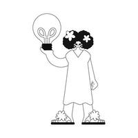 Girl holds light bulb, hinting to spark of ideas. Illustration in linear style. vector