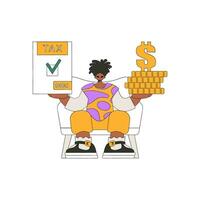 A fashionable man holds a tax form and coins in his hands. The topic of paying taxes. vector