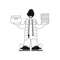 Guy holds many documents, linear illustration. vector