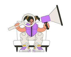 Attractive girl sits in a chair and holds a megaphone. Good for job search topics. vector