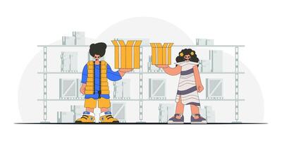 Delightful man and woman are holding boxes in their hands. Parcel delivery team. A visual representation of the shipment of deliveries and freight vector