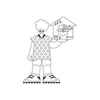 Man clasping IoT insignia in linear design vector