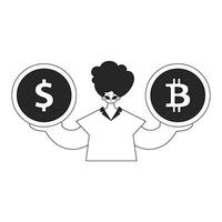 Charming man holding bitcoin and dollar coin. Newspaper black and white style. vector