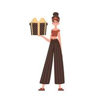 The woman is holding a gift. Trendy character style. vector