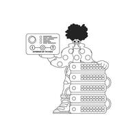 Man and server connected to the cloud to store data for the Internet of Things, illustrated in linear vector style