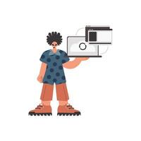 The individual is holding a tablet in which data is being synchronized. Compelled. Trendy style, Vector Illustration