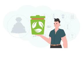 The concept of ecology and recycling. Stylish man holding an urn in his hands. Vector illustration Flat trendy style.