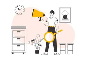 The guy is holding a bullhorn in his hands. Minimalistic linear style. Vector illustration.