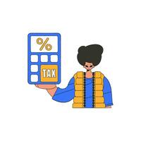 A neat man holds a calculator in his hand The topic of paying taxes. vector