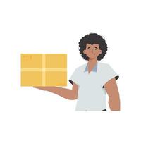 The man is depicted waist-deep and holding a parcel in his hands. Delivery concept. Isolated. trendy style. Vector. vector