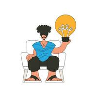 An attractive guy is holding a light bulb. Idea theme. vector