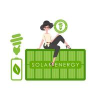 A woman sits on a solar panel and holds the ECO logo in her hands. The concept of ecology and green energy. Isolated on white background. Vector trend illustration.