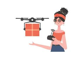 Delivery theme. A woman controls a drone with a parcel. Isolated. Vector illustration.