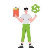 The man is depicted in full growth and holds a package with healthy food in his hands and shows an icon. Isolated. Trend vector illustration.