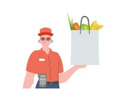 A man delivers a package of products. Home delivery concept. Isolated. Cartoon style. Vector. vector