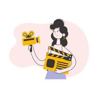 Girl blogger. The concept of social networking. Line art trendy style. Isolated on white background. . vector