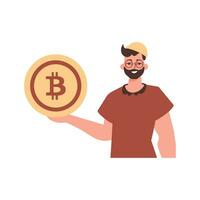 el chico sostiene un bitcoin moneda en su manos. personaje en de moda estilo. vector