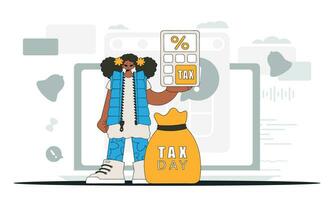 un elegante mujer sostiene un calculadora en su mano ilustración demostrando el correcto pago de impuestos. vector