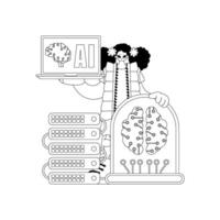 Girl gripping a machine learning model, with linear vector art