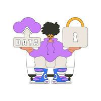 Person with cloud storage and padlock. vector