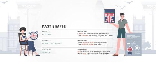 Past simple. Rule for the study of tenses in English. The concept of teaching English. Flat character modern style. Illustration in . vector