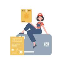 un mujer mensajero se sienta en un banco tarjeta y sostiene un caja. hogar entrega concepto. aislado. de moda plano estilo. vector. vector