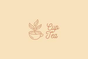 Cup Tea Leaf Vintage Linear Style Logo Template Business Restaurant and Cafe Food Beverage Organic Drink vector