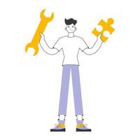 The guy is holding a wrench and a puzzle. Teamwork theme. Linear modern style. Isolated. Vector. vector