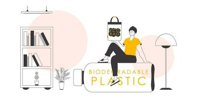 el concepto de ecológico pantalones y el plastico. un hombre sostiene un paquete ecológico en su manos. lineal estilo. vector