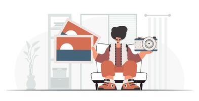 A man sitting on a chair holding a camera and a book vector