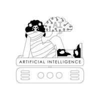 Girl and AI server in linear style, illustrating the artificial intelligence theme vector