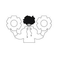 Man holds gears in hands. linear style vector illustration.