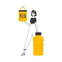 A woman holds an eco-package in her hands. The concept of ecological bags and plastic. Linear trendy style. Isolated on white background. Vector illustration.