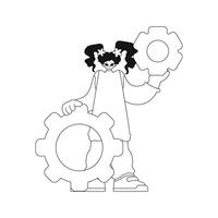 Girl holds gears in her hands. Done in line art. Vector creation.
