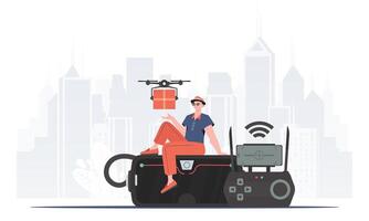 A man controls a quadcopter with a package. Delivery concept. trendy style. Vector. vector