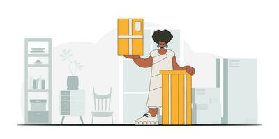 Charming woman is holding boxes. A depiction of the transportation of packages and freight vector