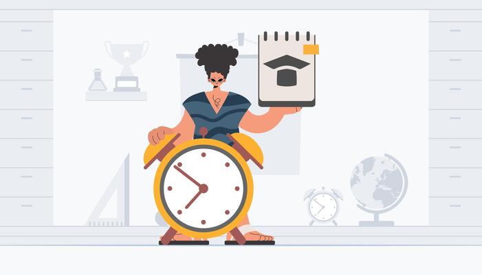 A cartoon man holding a clock and a book