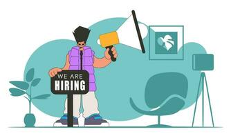Topic Human resource and recruitment. Guy with a megaphone. labor market. vector