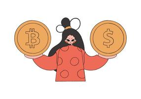 Woman holding dollar and bitcoin coin. Rentro style character. vector