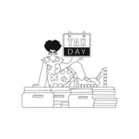 Girl sits atop a pile of documents holding a calendar Tax Day. Linear and Vector design.