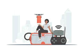 A man controls a drone with a package. Delivery theme. Vector illustration.