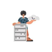 The boy is holding a information cloud and a server. Separated. Trendy style, Vector Illustration