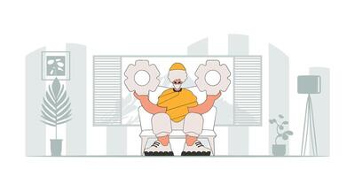 Presentable guy holding gears. Illustration on the theme of the appearance of an idea. vector