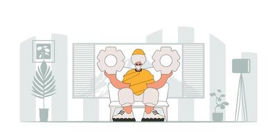 Presentable guy holding gears. Illustration on the theme of the appearance of an idea. vector