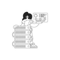 Girl stands by a cloud storage server in a vectorized linear style, for the Internet of Things vector