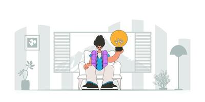 A handsome guy is holding a light bulb. Illustration on the theme of the appearance of an idea. vector