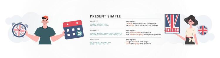 Present simole The rule for studying tenses in English. The concept of learning English. Trend character style. . vector